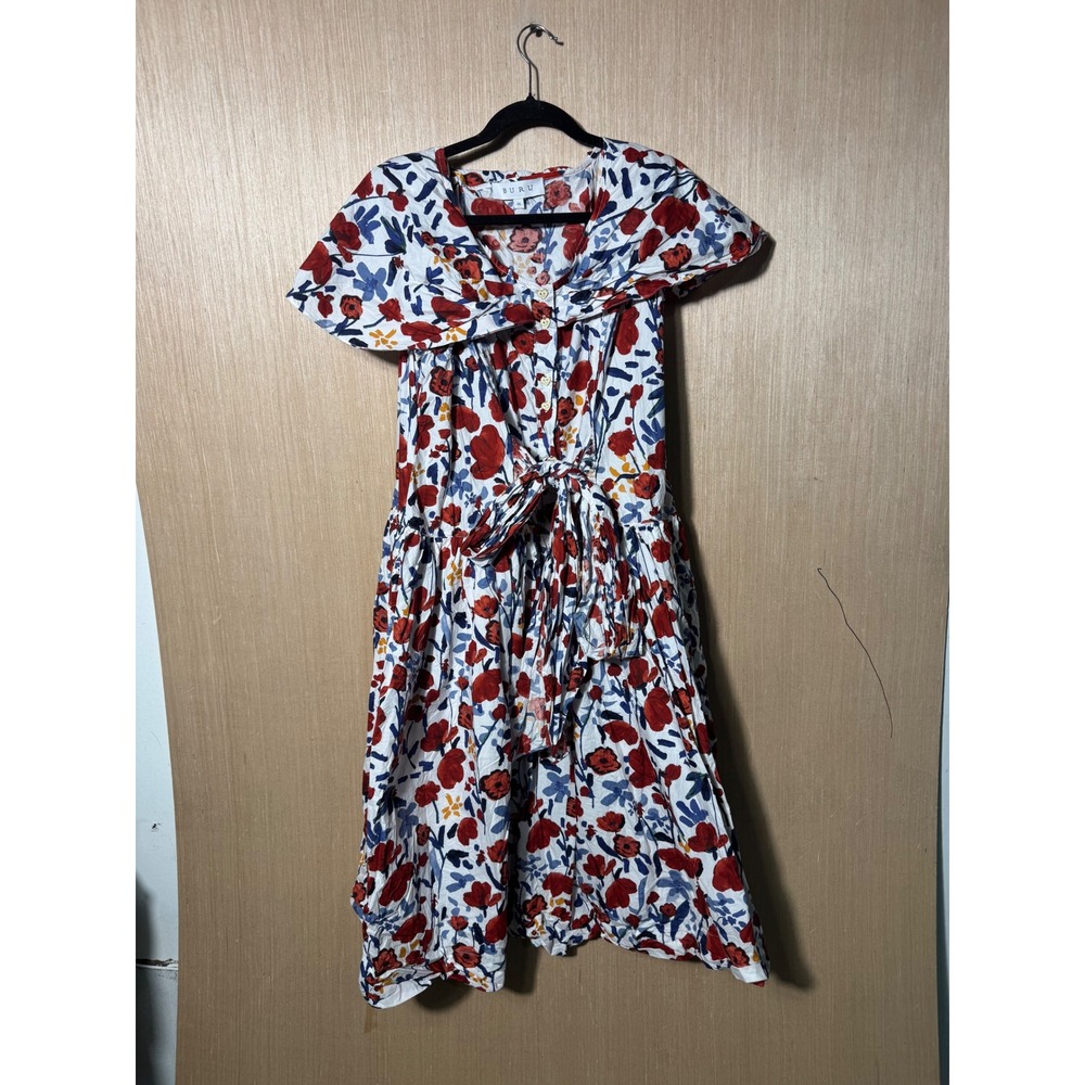 BURU Floral Button Down Midi Dress White Red Heart Buttons Sailor Collar 2X